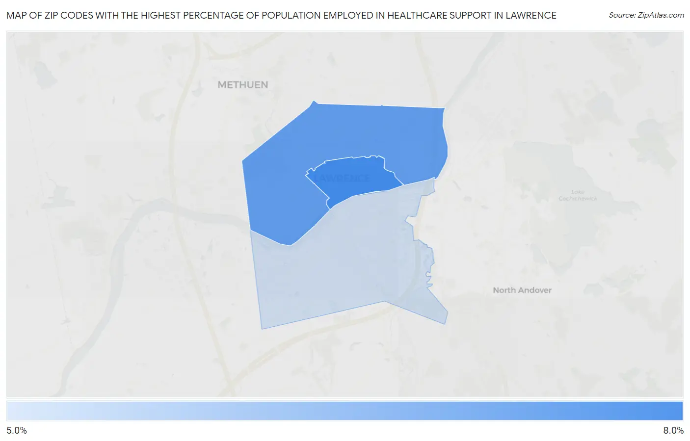 Zip Codes with the Highest Percentage of Population Employed in Healthcare Support in Lawrence Map