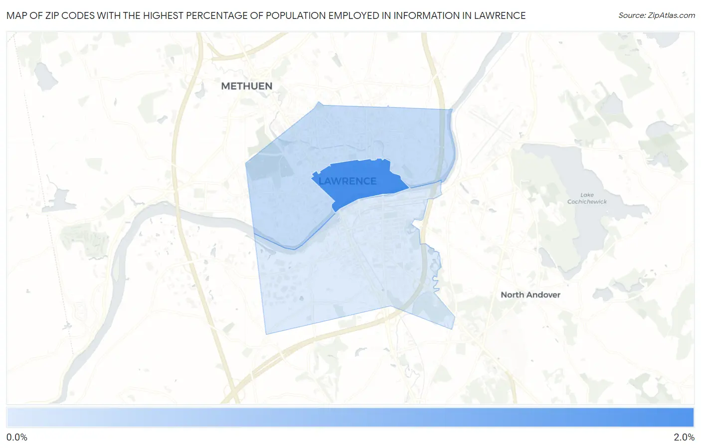 Zip Codes with the Highest Percentage of Population Employed in Information in Lawrence Map