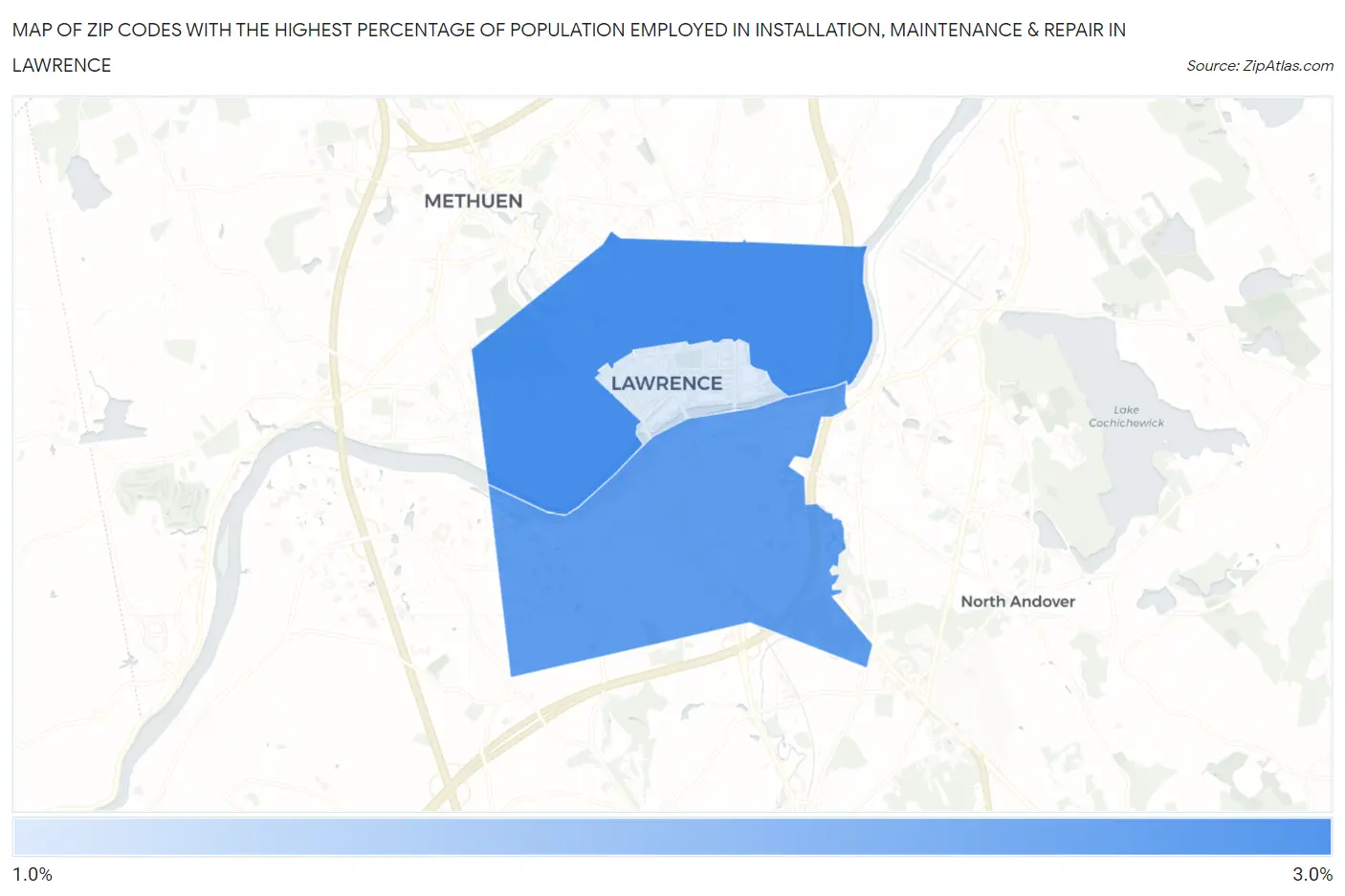Zip Codes with the Highest Percentage of Population Employed in Installation, Maintenance & Repair in Lawrence Map