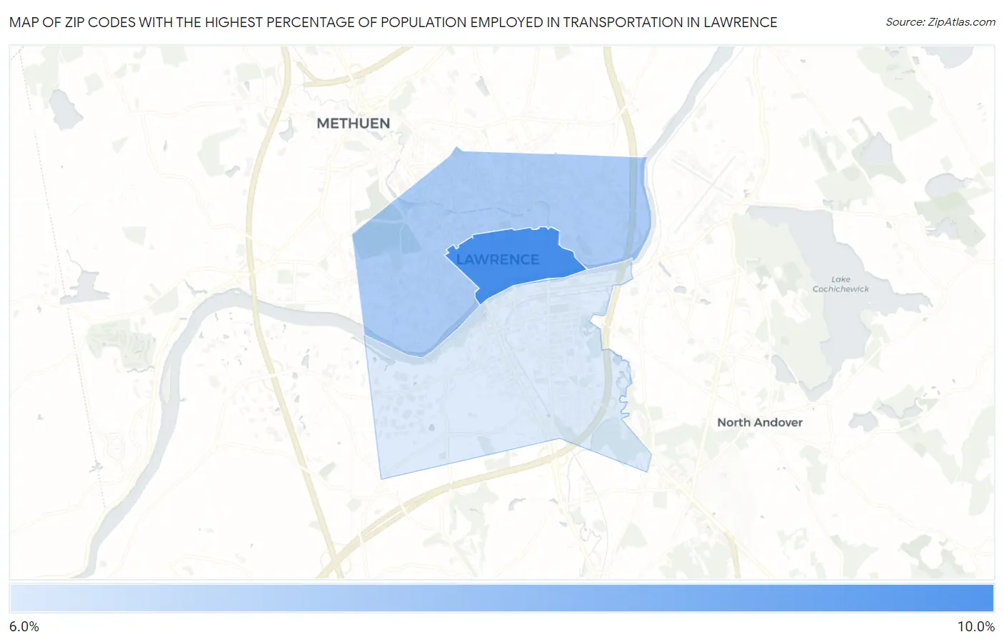 Zip Codes with the Highest Percentage of Population Employed in Transportation in Lawrence Map