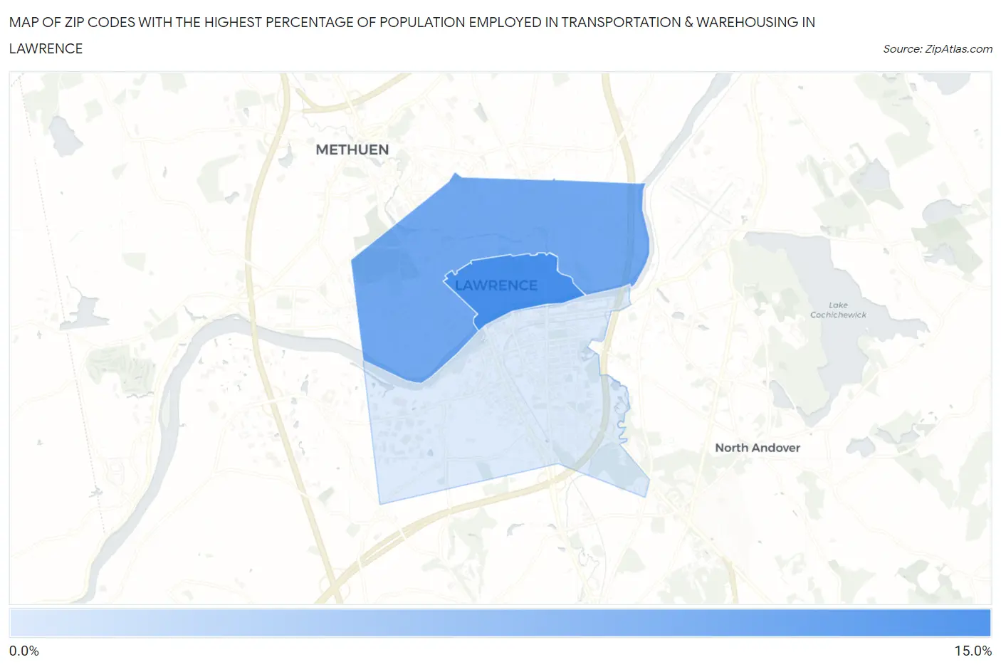 Zip Codes with the Highest Percentage of Population Employed in Transportation & Warehousing in Lawrence Map