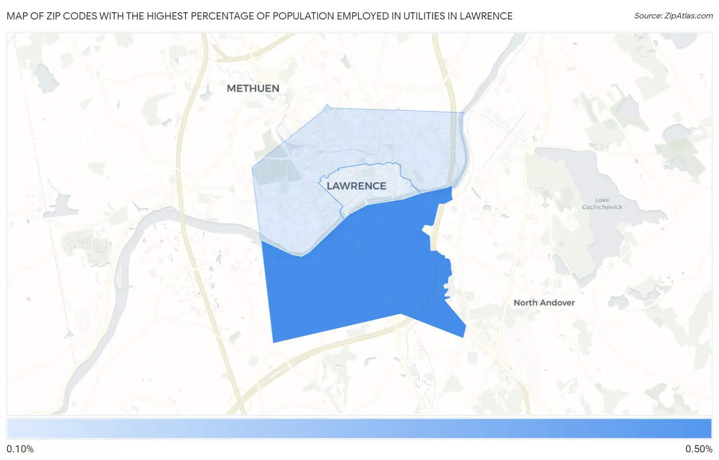 Zip Codes with the Highest Percentage of Population Employed in Utilities in Lawrence Map