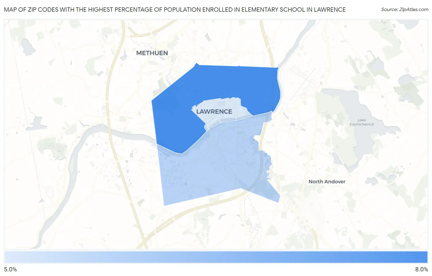 Zip Codes with the Highest Percentage of Population Enrolled in Elementary School in Lawrence Map