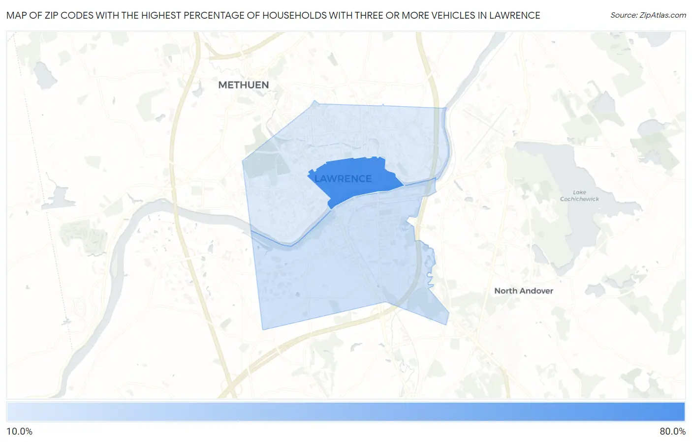 Zip Codes with the Highest Percentage of Households With Three or more Vehicles in Lawrence Map