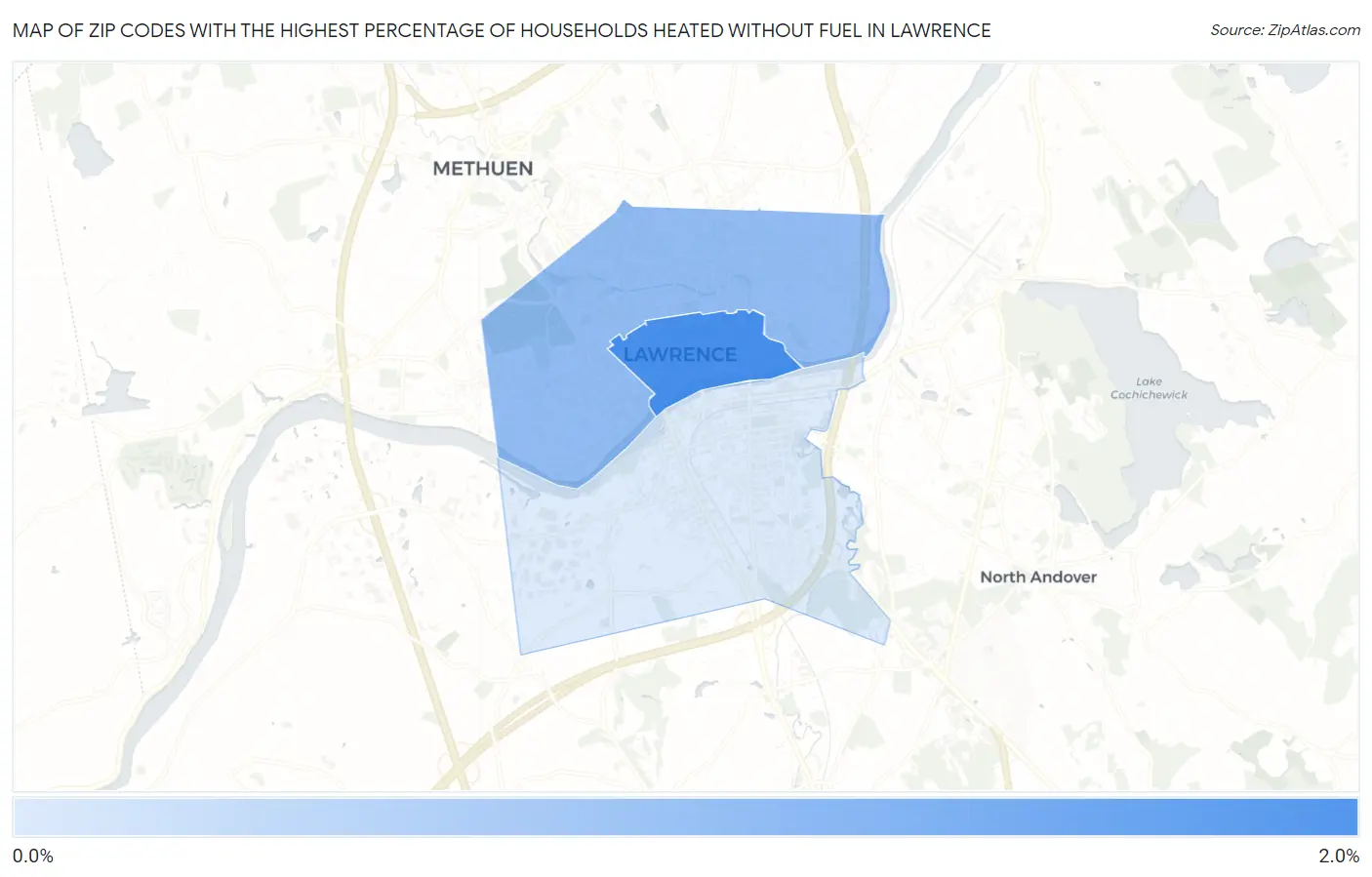Zip Codes with the Highest Percentage of Households Heated without Fuel in Lawrence Map