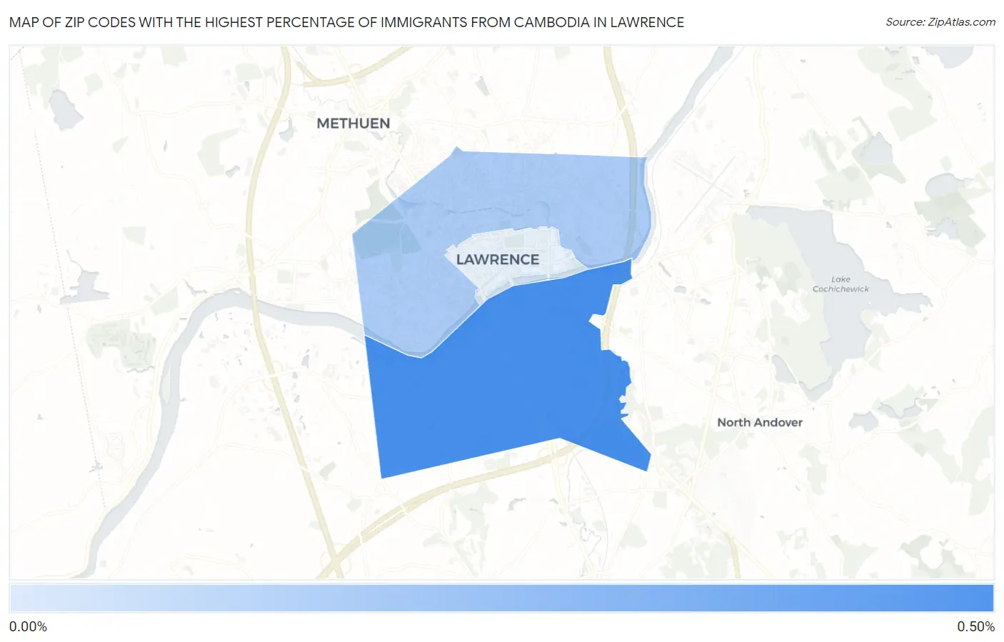 Zip Codes with the Highest Percentage of Immigrants from Cambodia in Lawrence Map