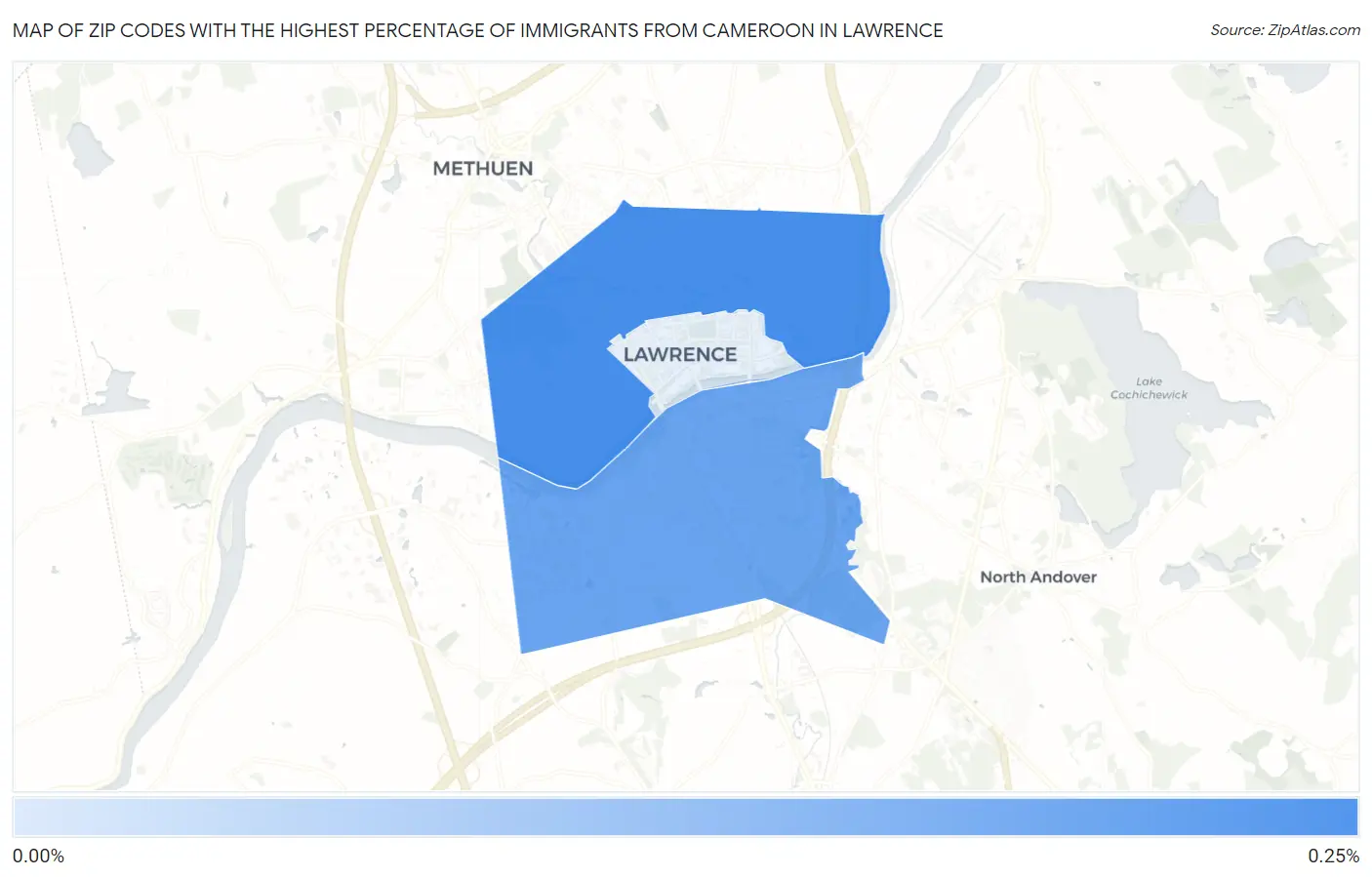 Zip Codes with the Highest Percentage of Immigrants from Cameroon in Lawrence Map