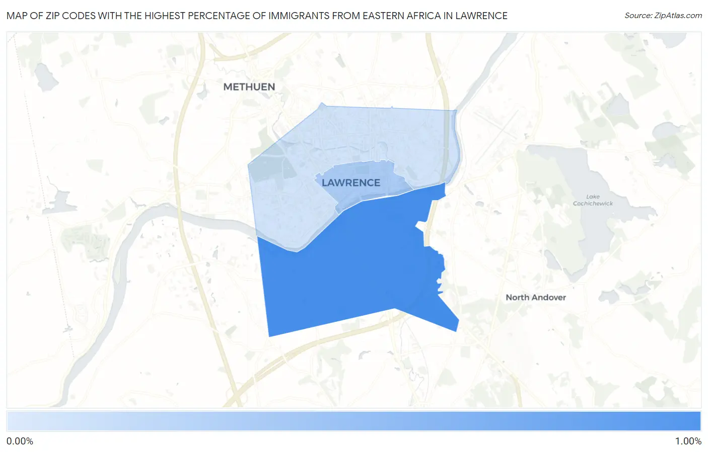 Zip Codes with the Highest Percentage of Immigrants from Eastern Africa in Lawrence Map