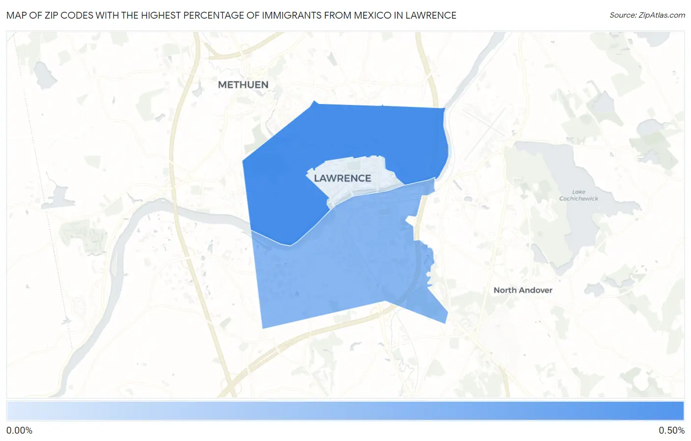 Zip Codes with the Highest Percentage of Immigrants from Mexico in Lawrence Map