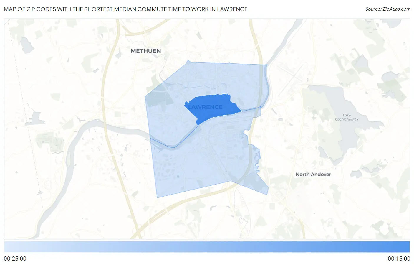 Zip Codes with the Shortest Median Commute Time to Work in Lawrence Map