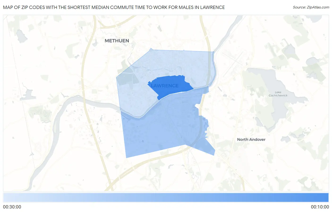 Zip Codes with the Shortest Median Commute Time to Work for Males in Lawrence Map