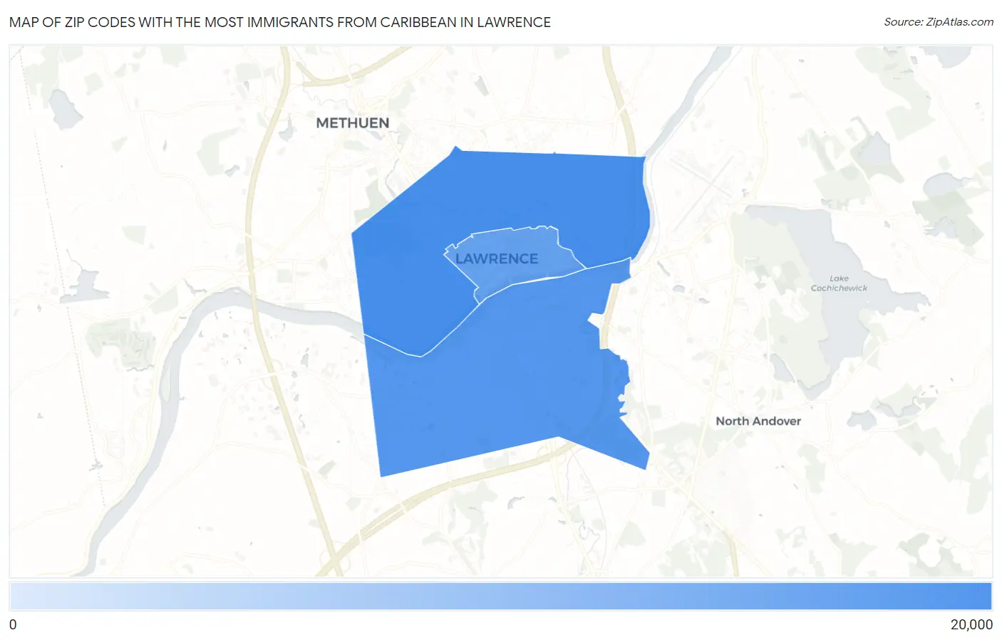 Zip Codes with the Most Immigrants from Caribbean in Lawrence Map