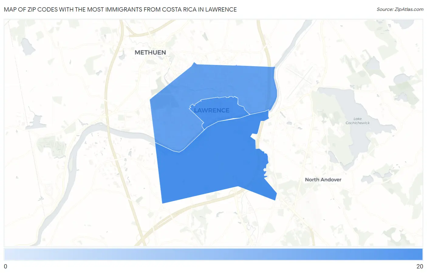 Zip Codes with the Most Immigrants from Costa Rica in Lawrence Map