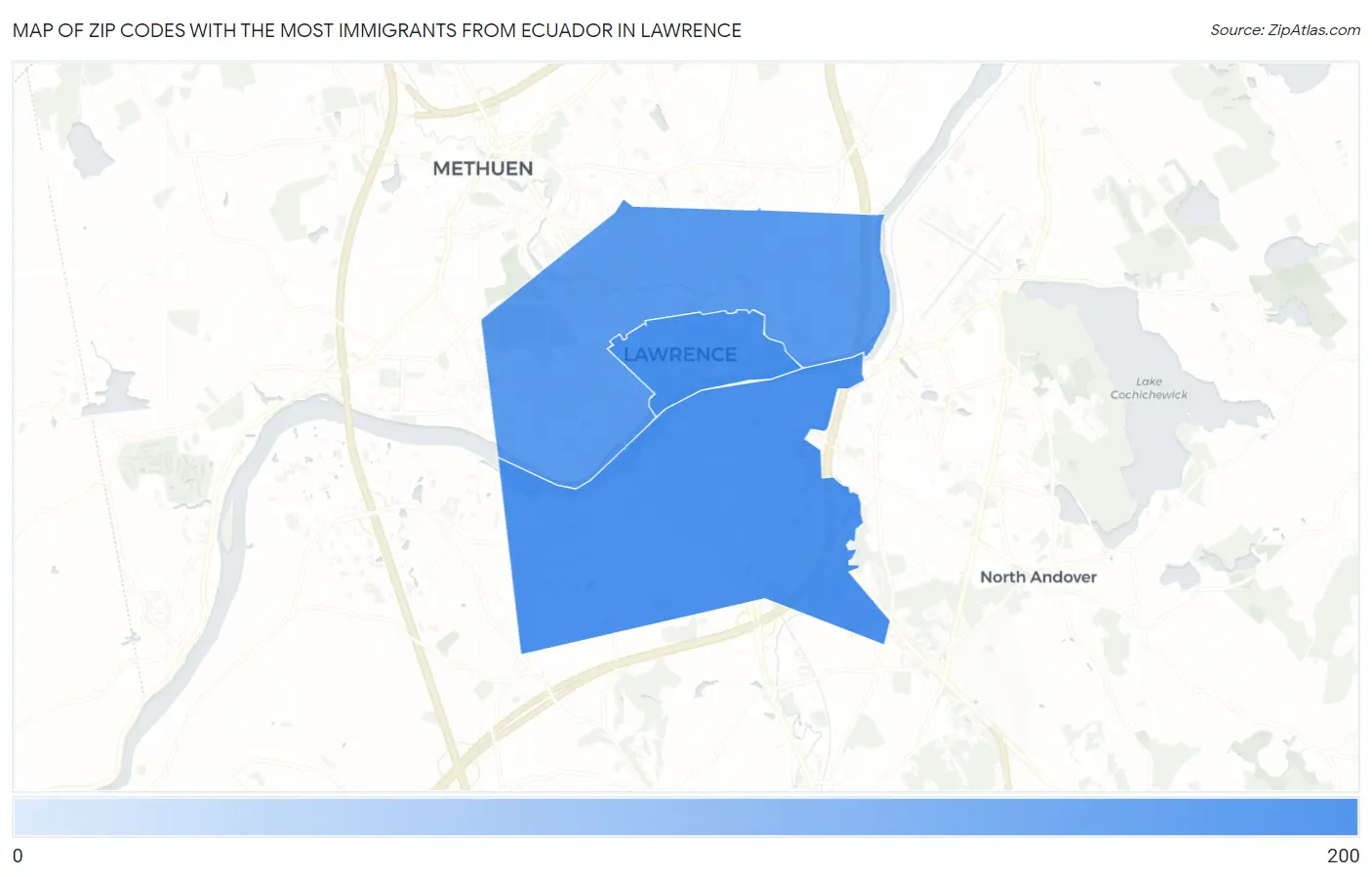 Zip Codes with the Most Immigrants from Ecuador in Lawrence Map