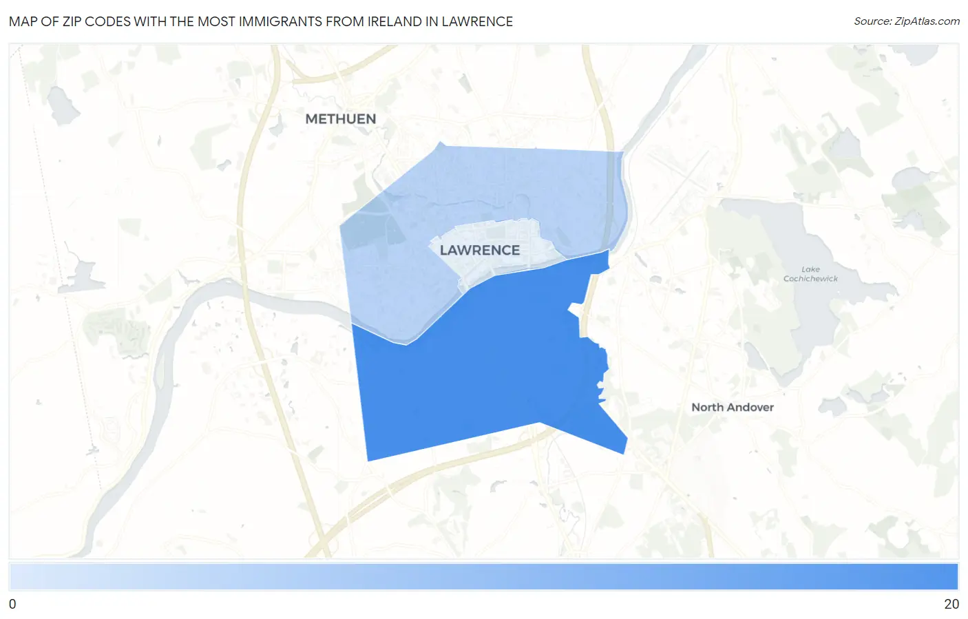 Zip Codes with the Most Immigrants from Ireland in Lawrence Map