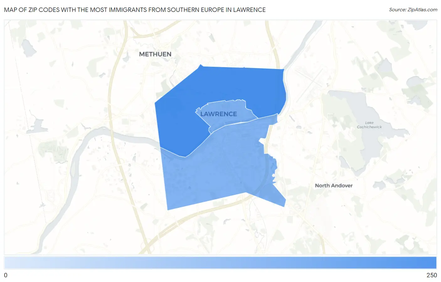 Zip Codes with the Most Immigrants from Southern Europe in Lawrence Map