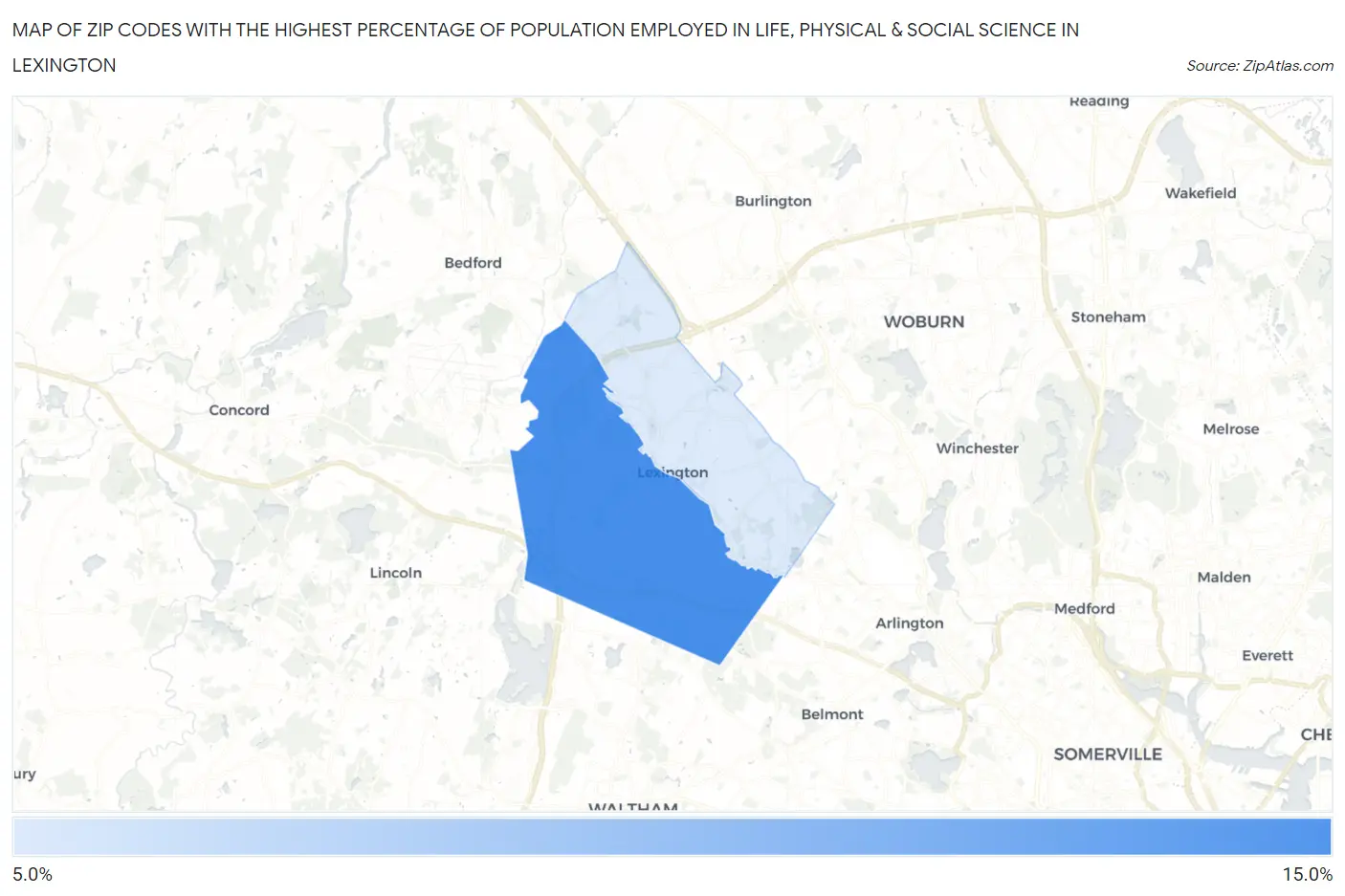 Zip Codes with the Highest Percentage of Population Employed in Life, Physical & Social Science in Lexington Map