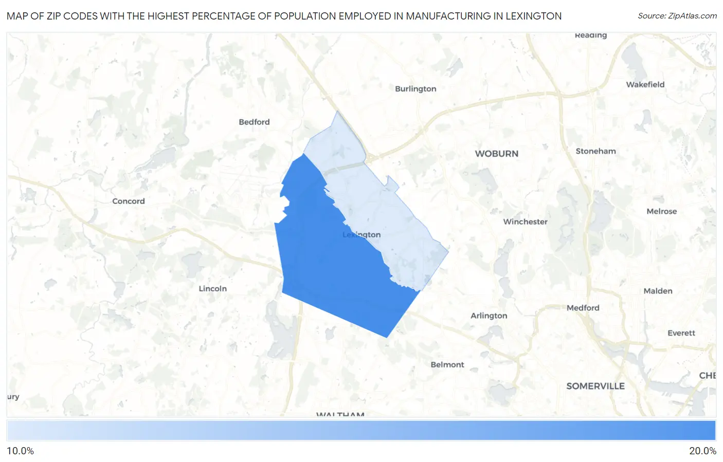 Zip Codes with the Highest Percentage of Population Employed in Manufacturing in Lexington Map