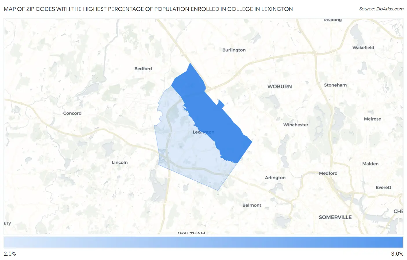 Zip Codes with the Highest Percentage of Population Enrolled in College in Lexington Map