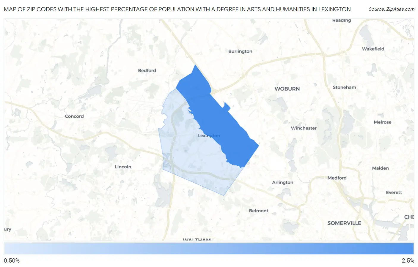 Zip Codes with the Highest Percentage of Population with a Degree in Arts and Humanities in Lexington Map