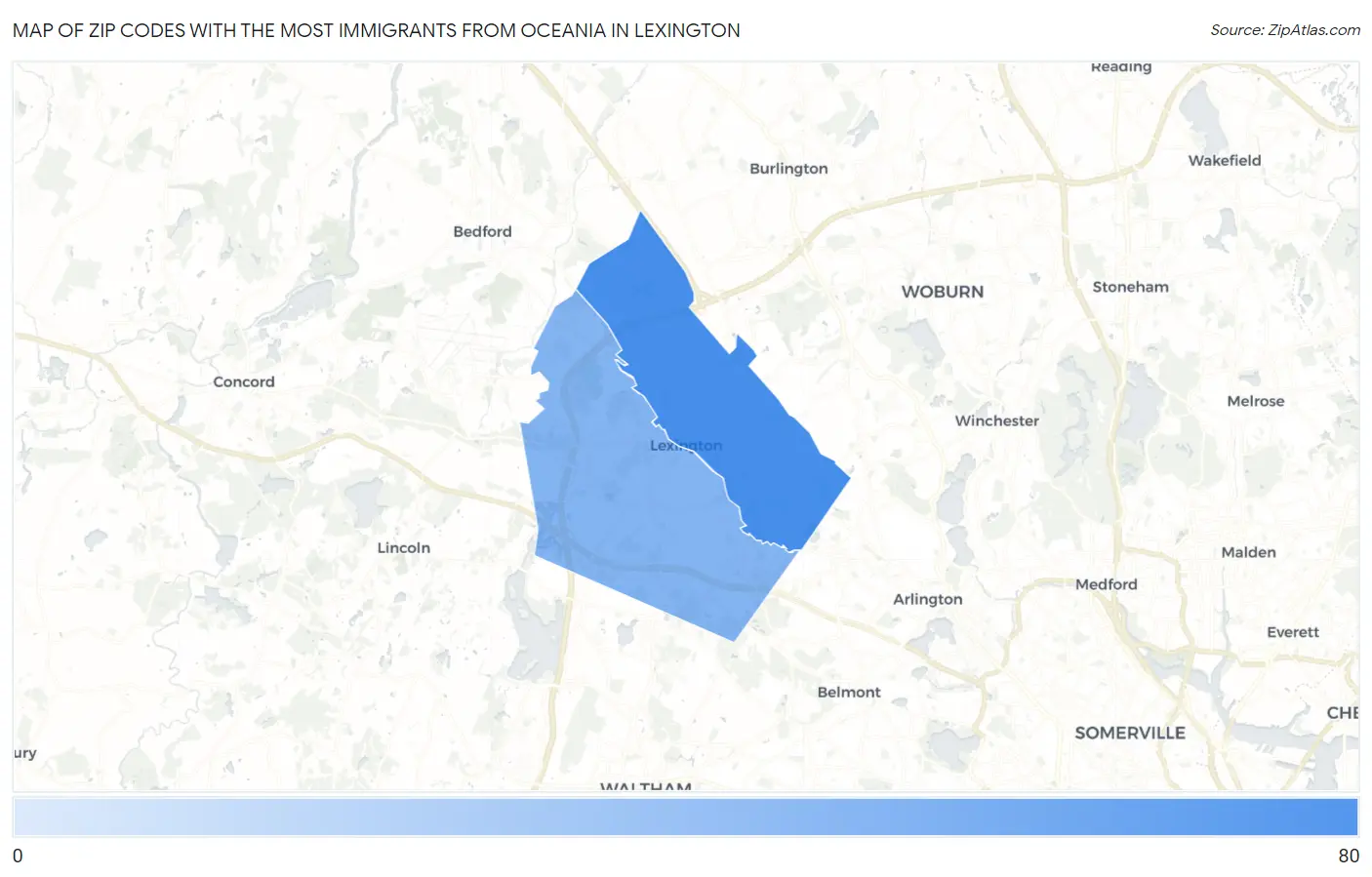 Zip Codes with the Most Immigrants from Oceania in Lexington Map