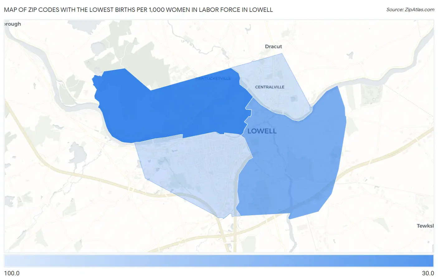 Zip Codes with the Lowest Births per 1,000 Women in Labor Force in Lowell Map