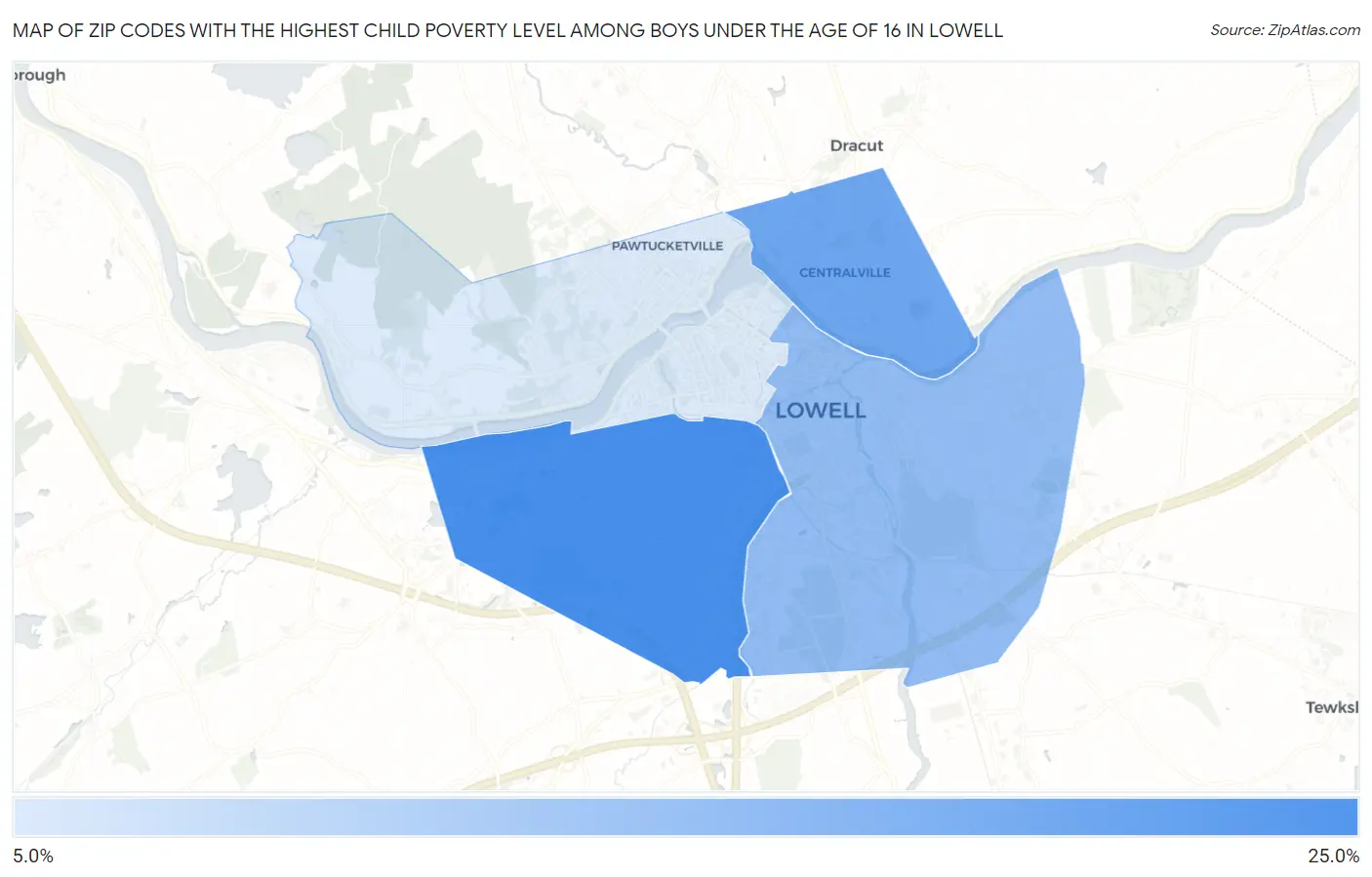 Zip Codes with the Highest Child Poverty Level Among Boys Under the Age of 16 in Lowell Map