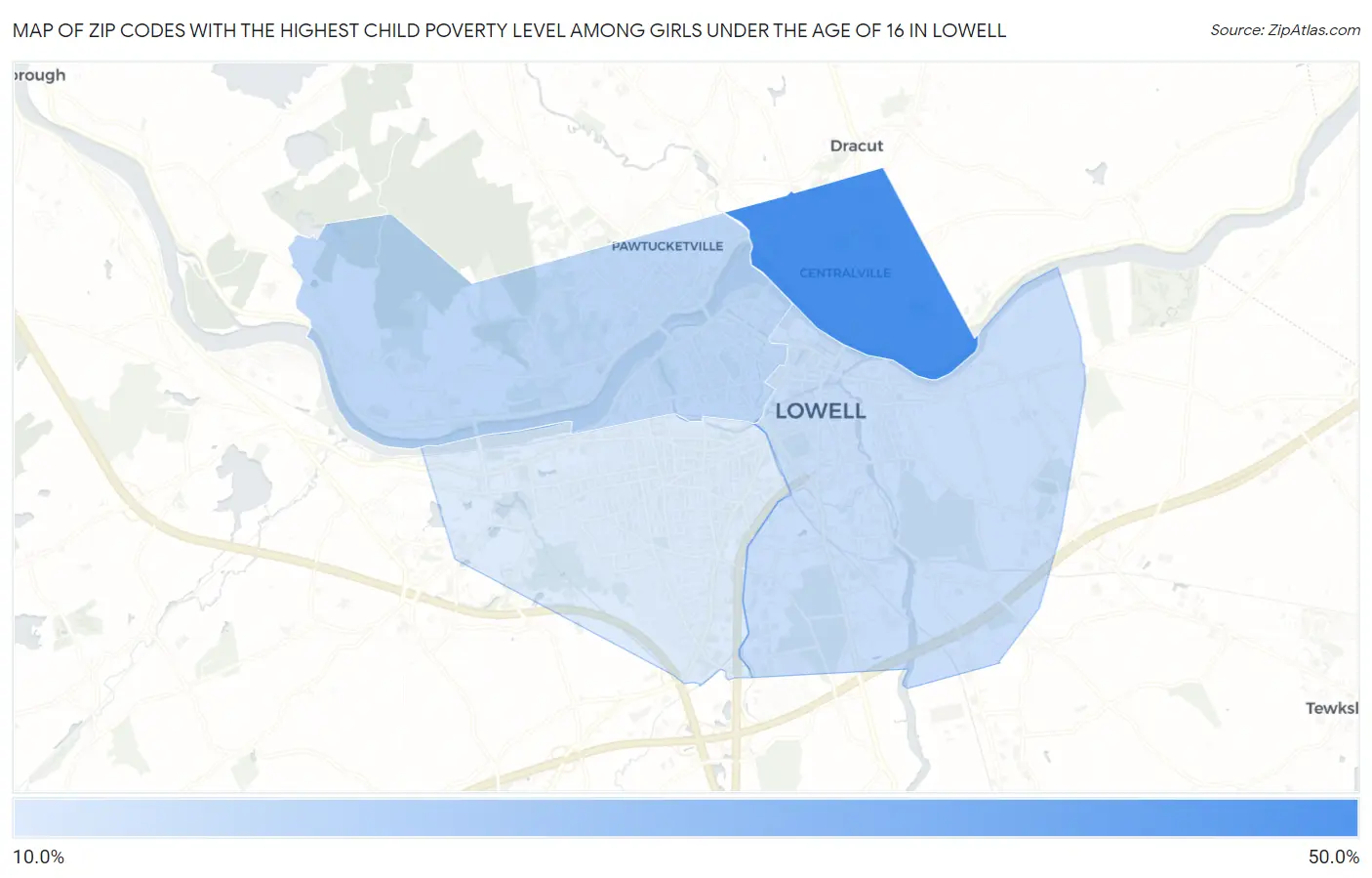 Zip Codes with the Highest Child Poverty Level Among Girls Under the Age of 16 in Lowell Map