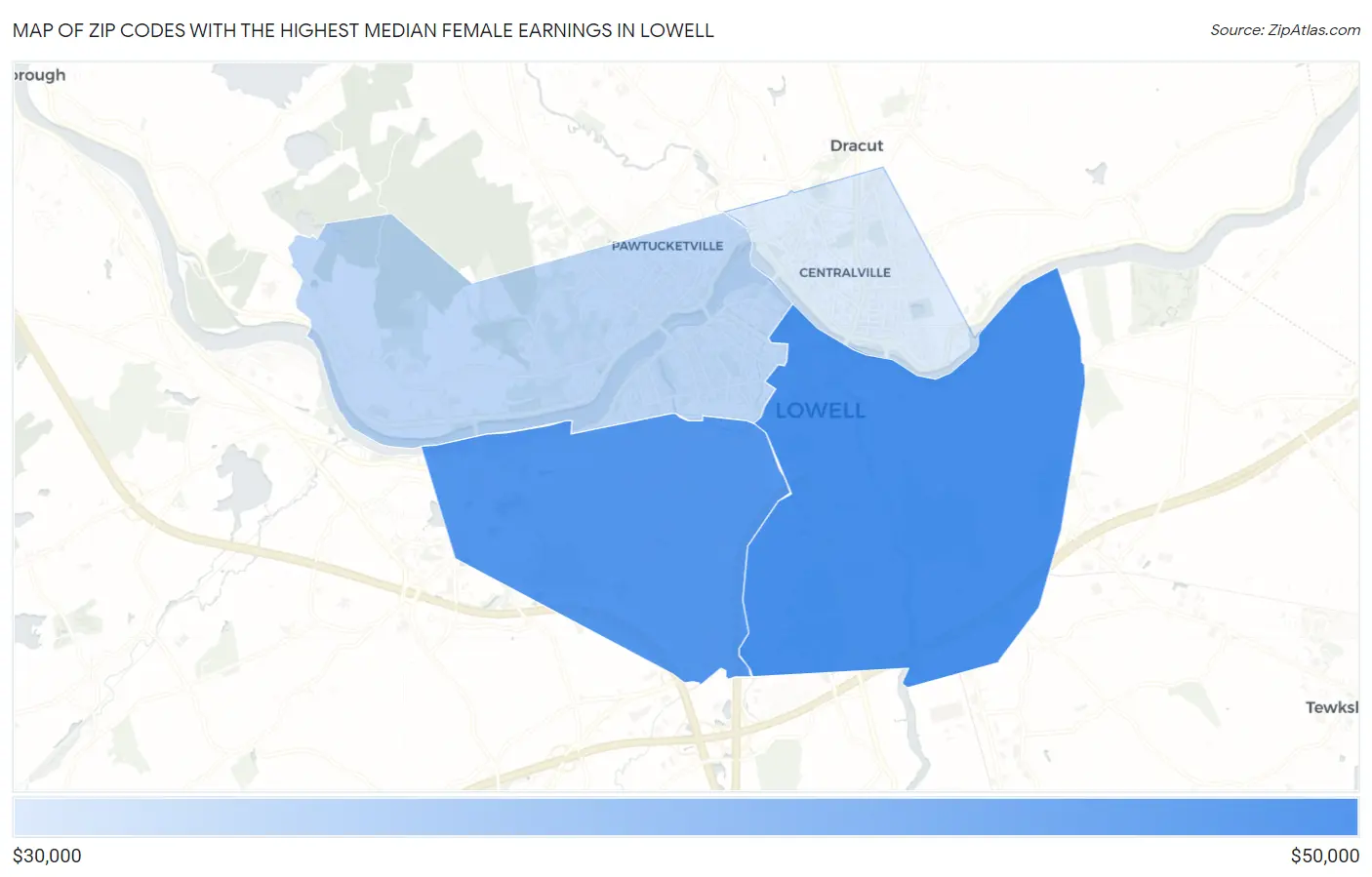 Zip Codes with the Highest Median Female Earnings in Lowell Map