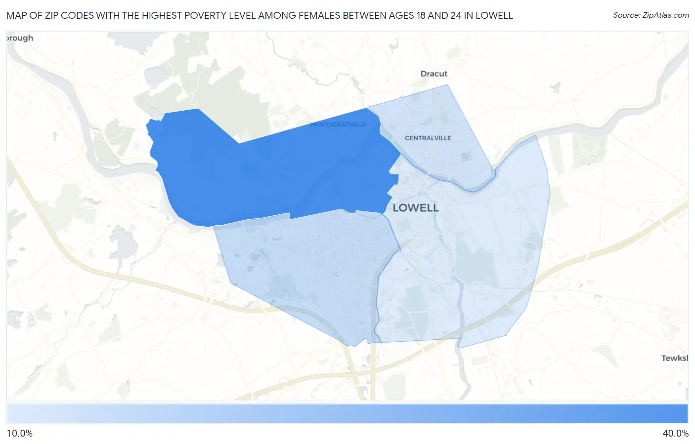 Zip Codes with the Highest Poverty Level Among Females Between Ages 18 and 24 in Lowell Map