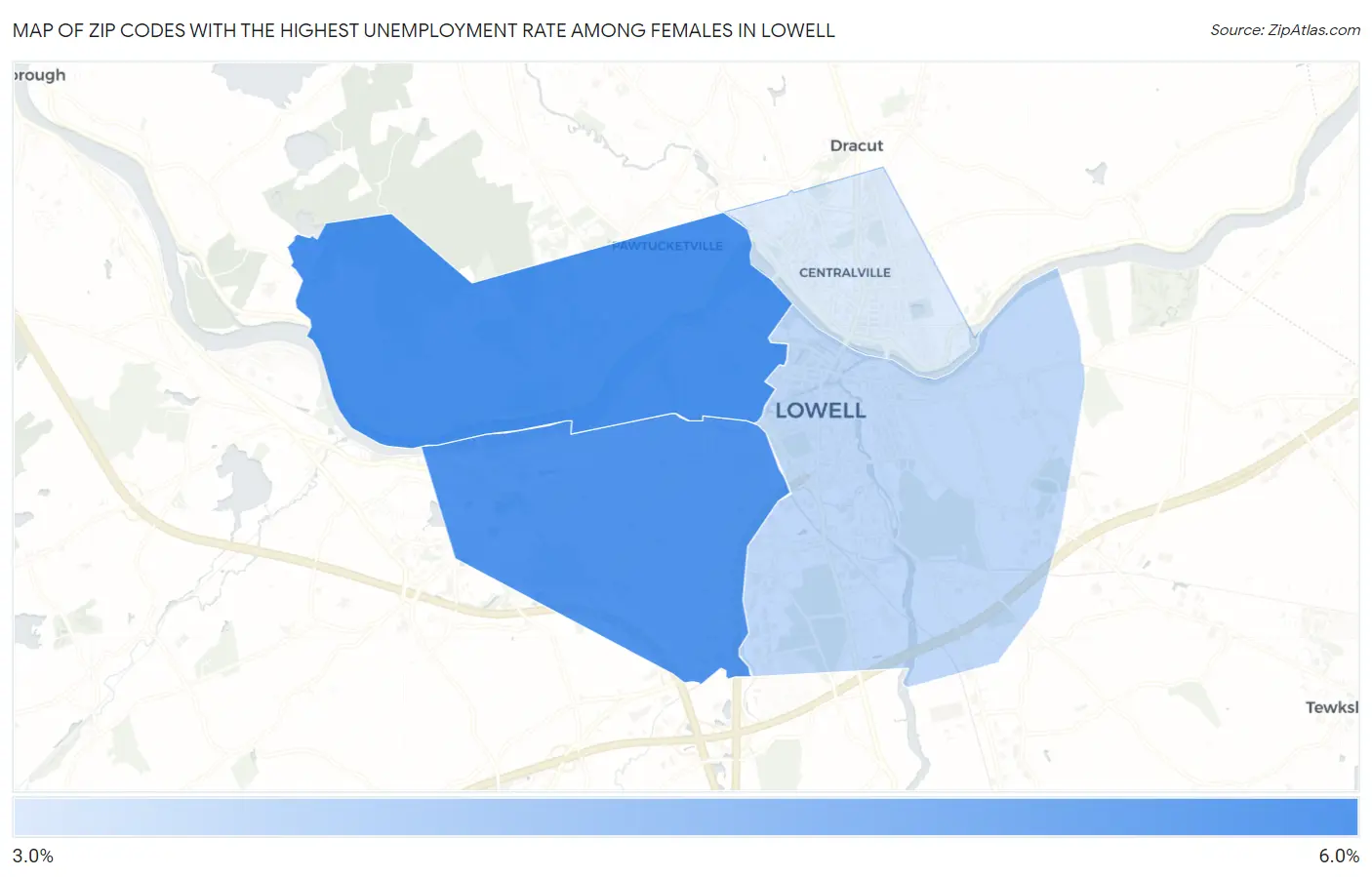 Zip Codes with the Highest Unemployment Rate Among Females in Lowell Map