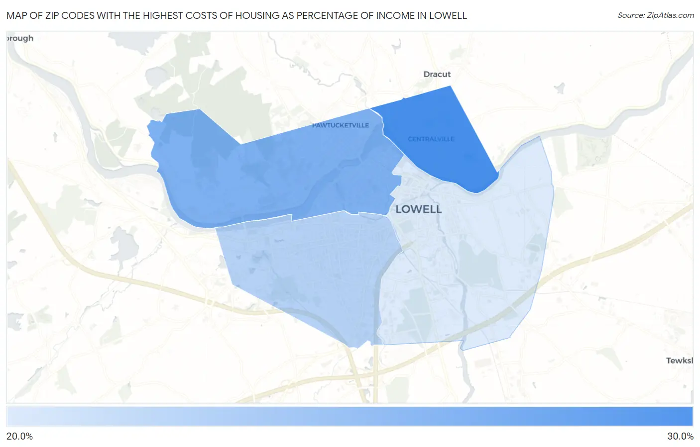 Zip Codes with the Highest Costs of Housing as Percentage of Income in Lowell Map