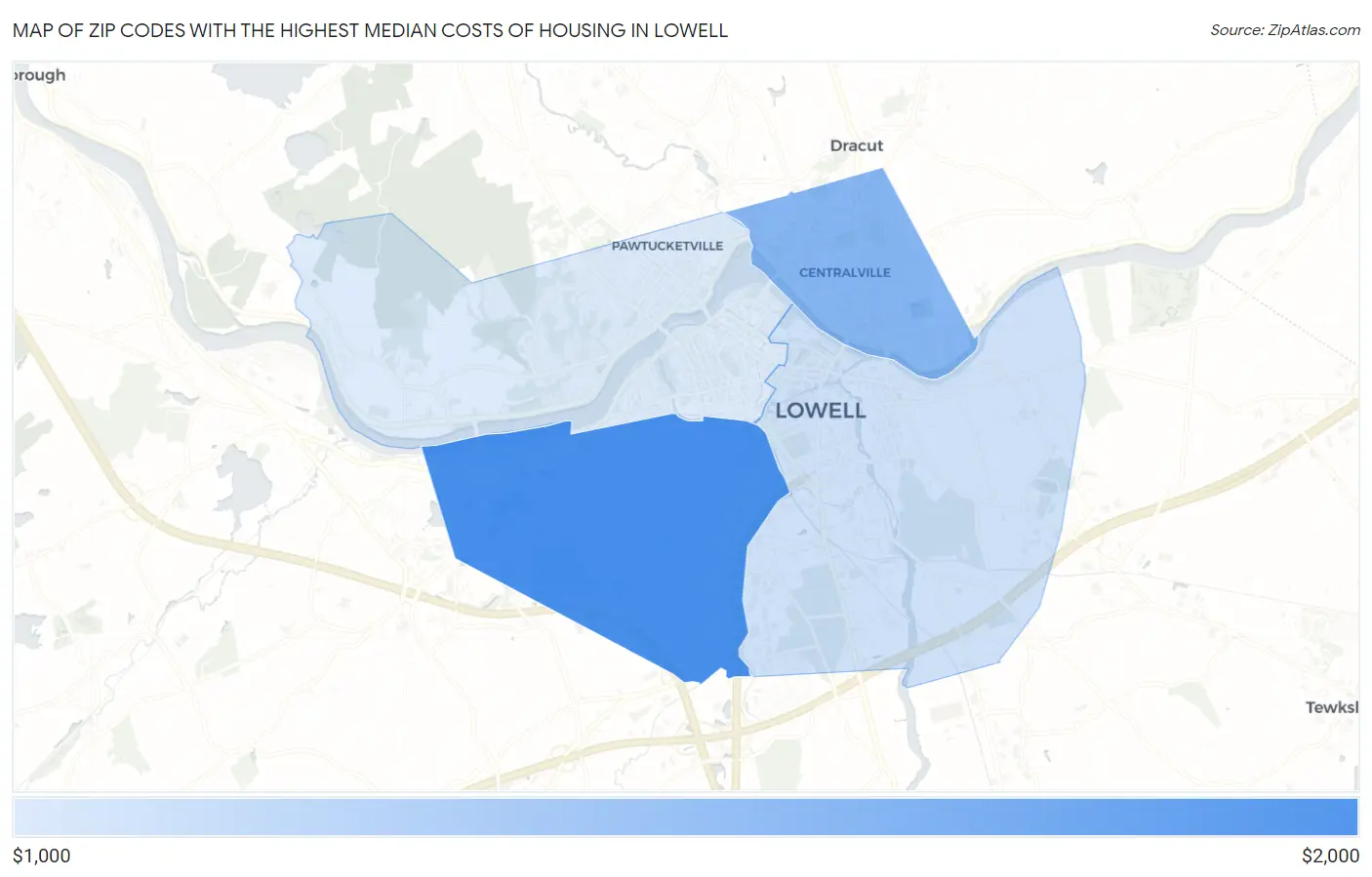 Zip Codes with the Highest Median Costs of Housing in Lowell Map