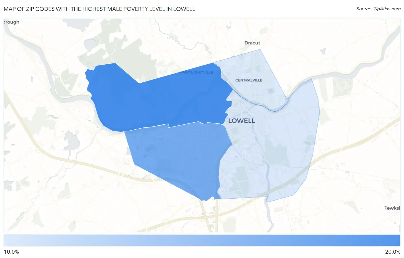 Zip Codes with the Highest Male Poverty Level in Lowell Map