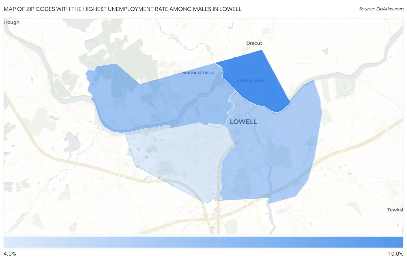 Zip Codes with the Highest Unemployment Rate Among Males in Lowell Map