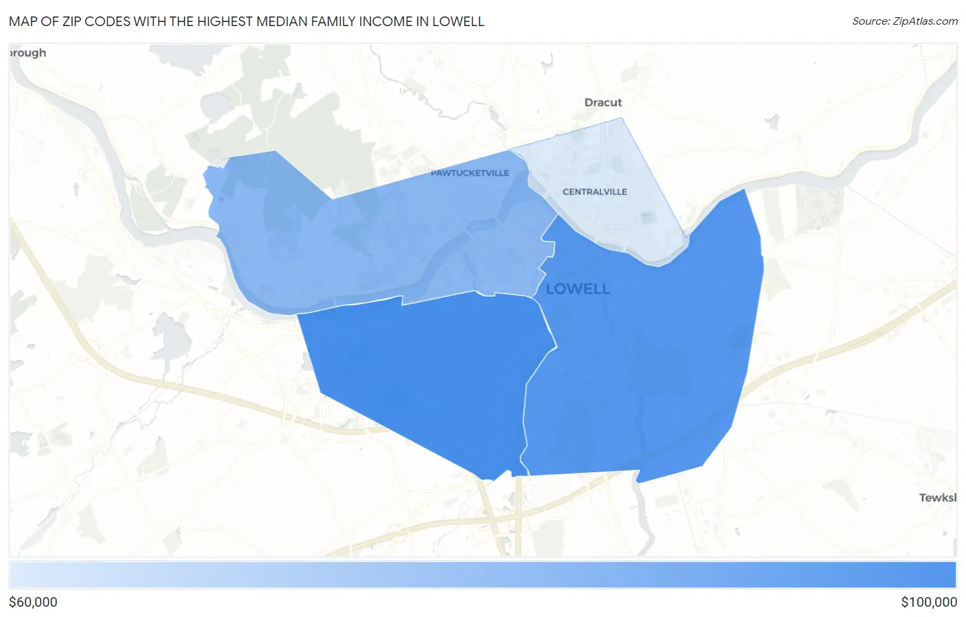 Zip Codes with the Highest Median Family Income in Lowell Map
