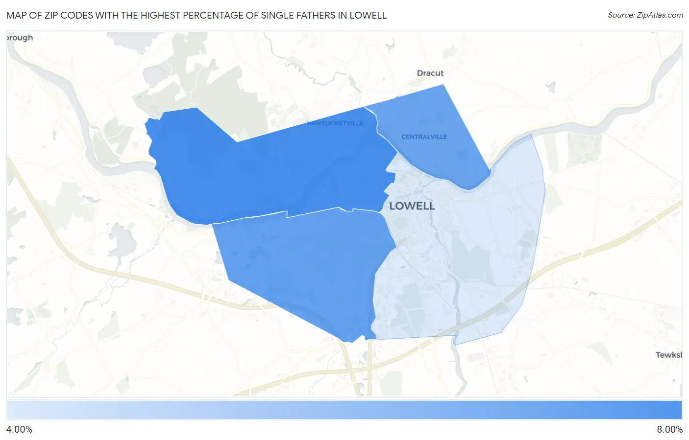 Zip Codes with the Highest Percentage of Single Fathers in Lowell Map