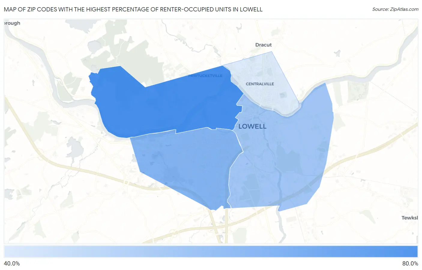 Zip Codes with the Highest Percentage of Renter-Occupied Units in Lowell Map