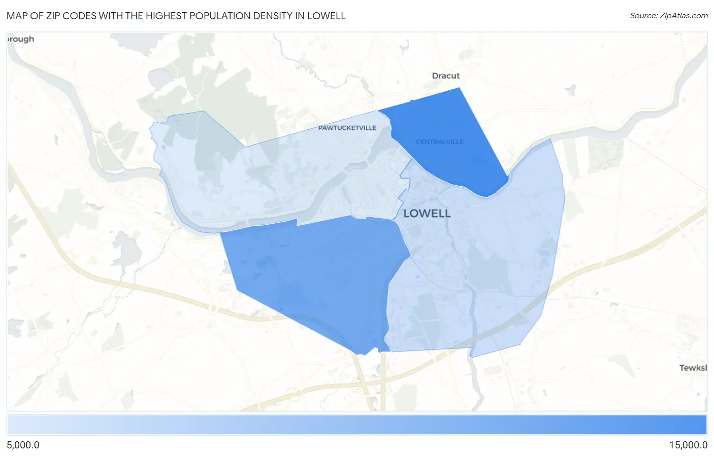 Zip Codes with the Highest Population Density in Lowell Map