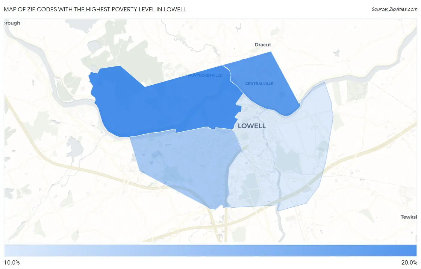 Zip Codes with the Highest Poverty Level in Lowell Map