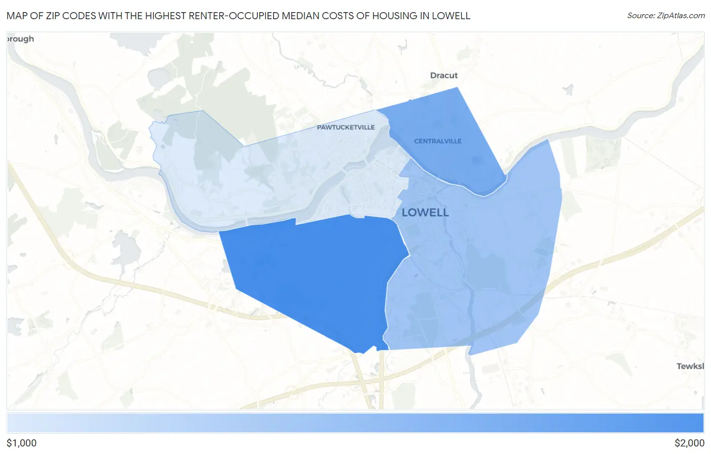 Zip Codes with the Highest Renter-Occupied Median Costs of Housing in Lowell Map