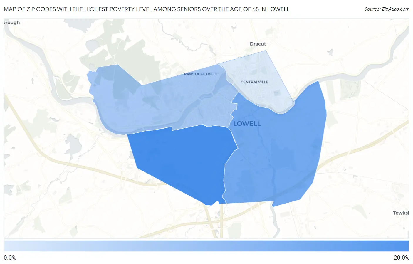 Zip Codes with the Highest Poverty Level Among Seniors Over the Age of 65 in Lowell Map