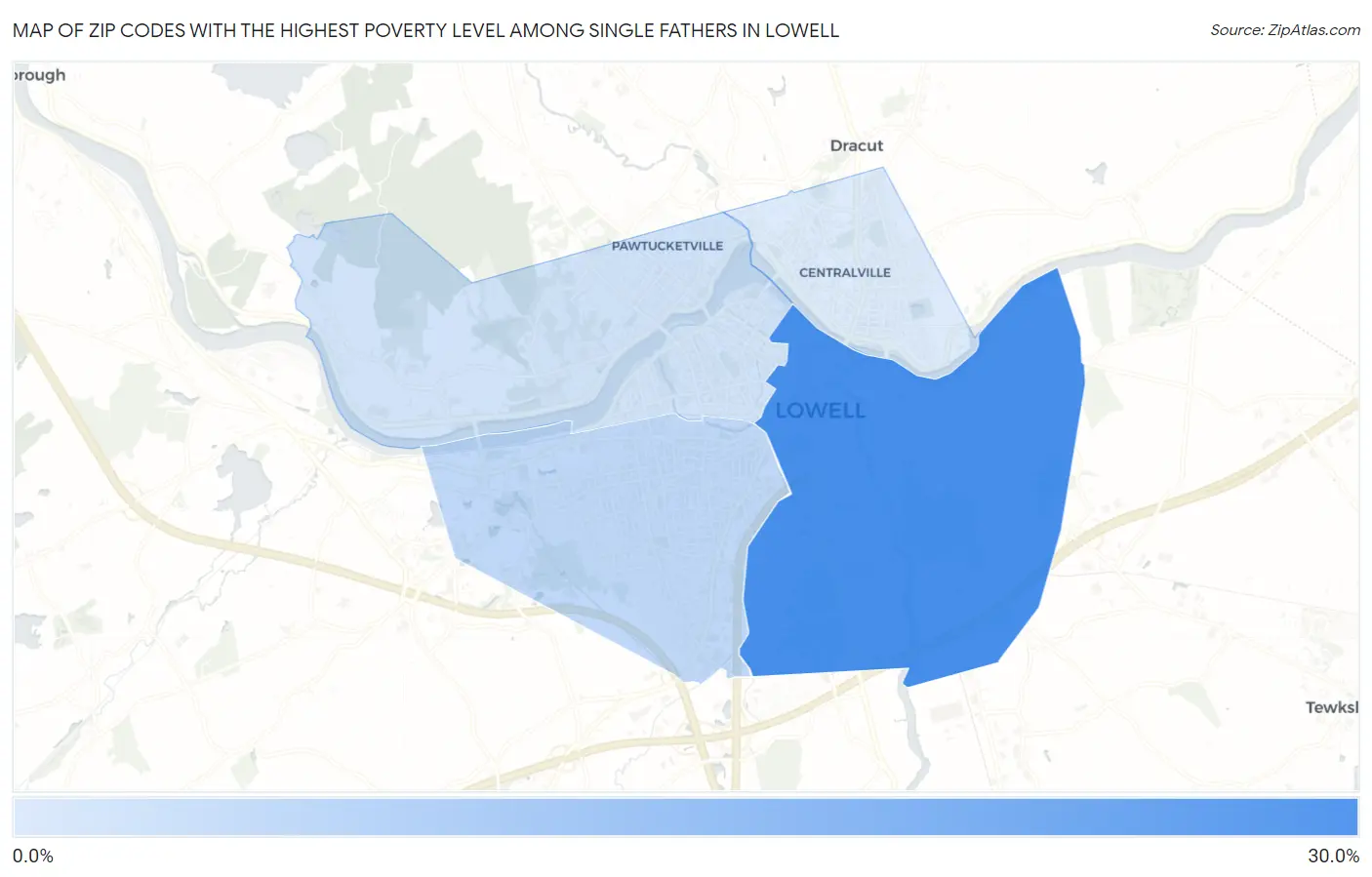 Zip Codes with the Highest Poverty Level Among Single Fathers in Lowell Map