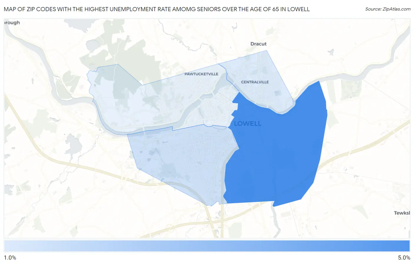 Zip Codes with the Highest Unemployment Rate Amomg Seniors Over the Age of 65 in Lowell Map