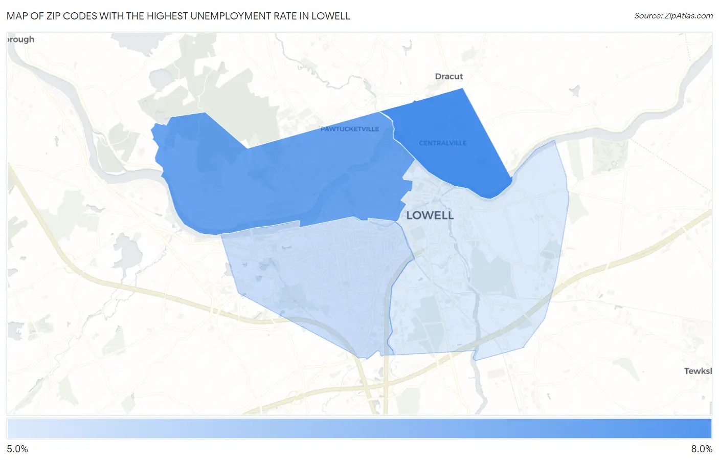 Zip Codes with the Highest Unemployment Rate in Lowell Map