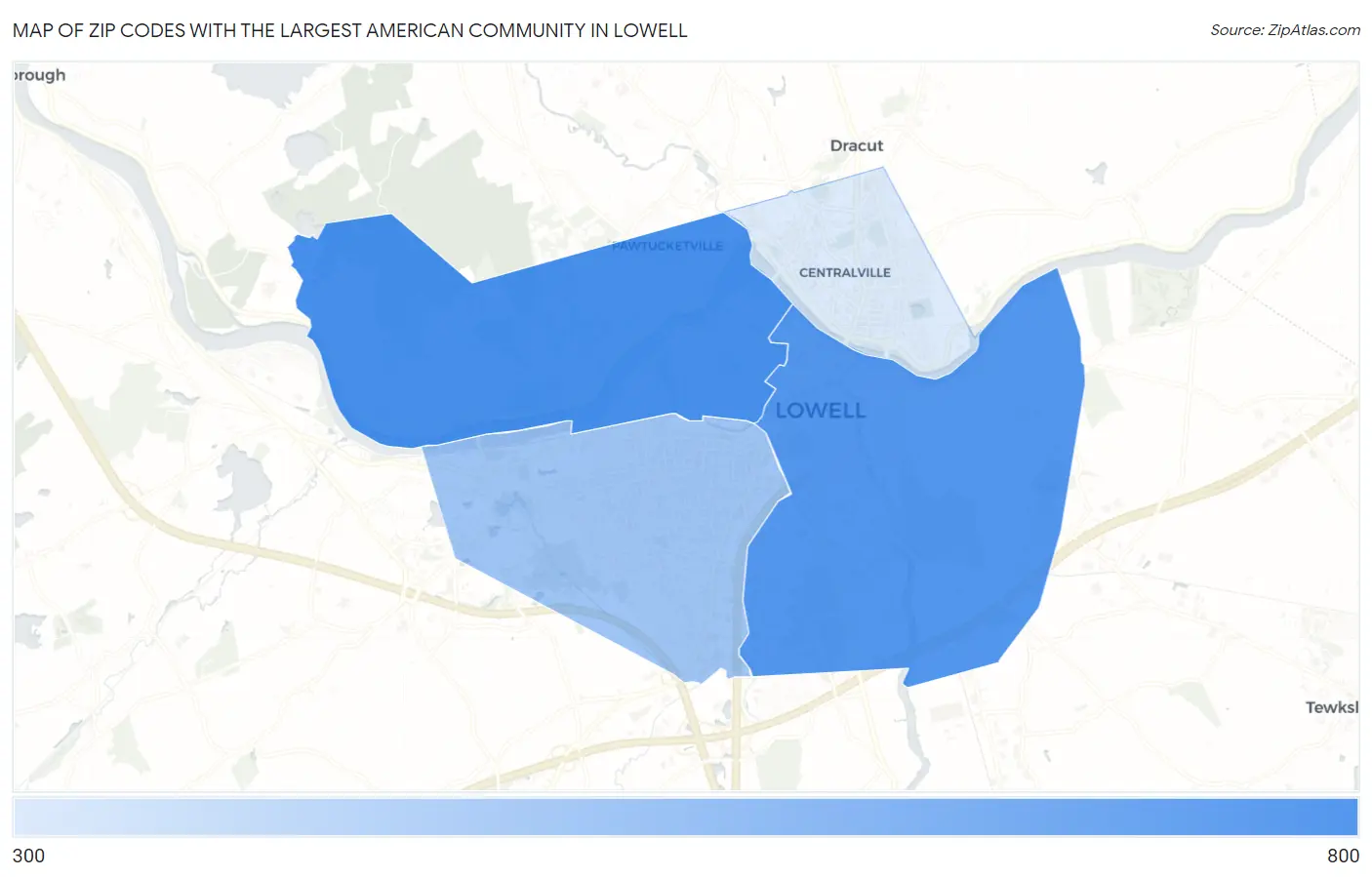 Zip Codes with the Largest American Community in Lowell Map