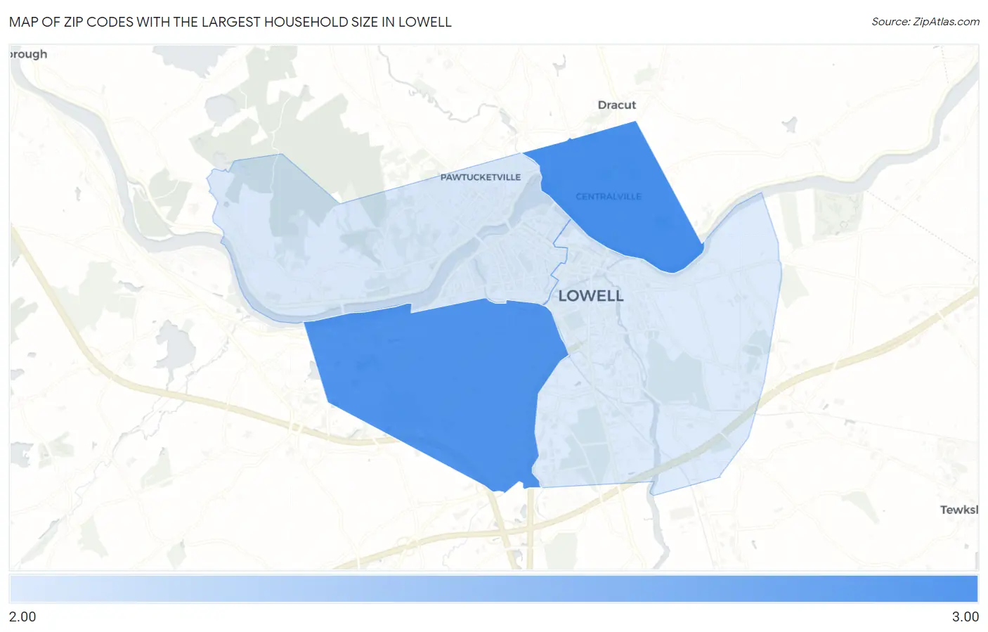Zip Codes with the Largest Household Size in Lowell Map