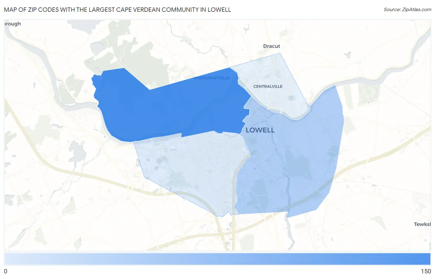 Zip Codes with the Largest Cape Verdean Community in Lowell Map