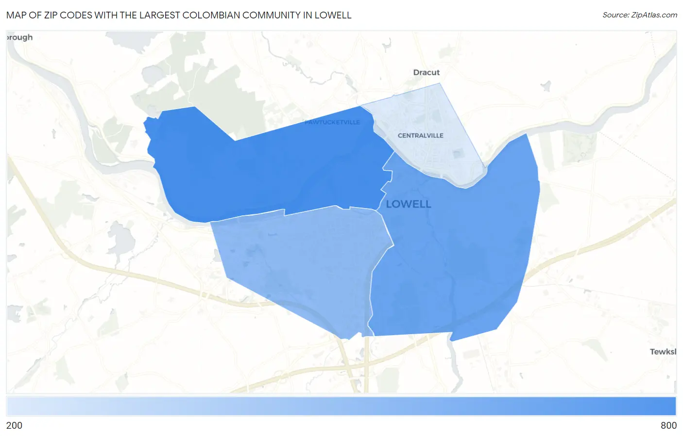 Zip Codes with the Largest Colombian Community in Lowell Map