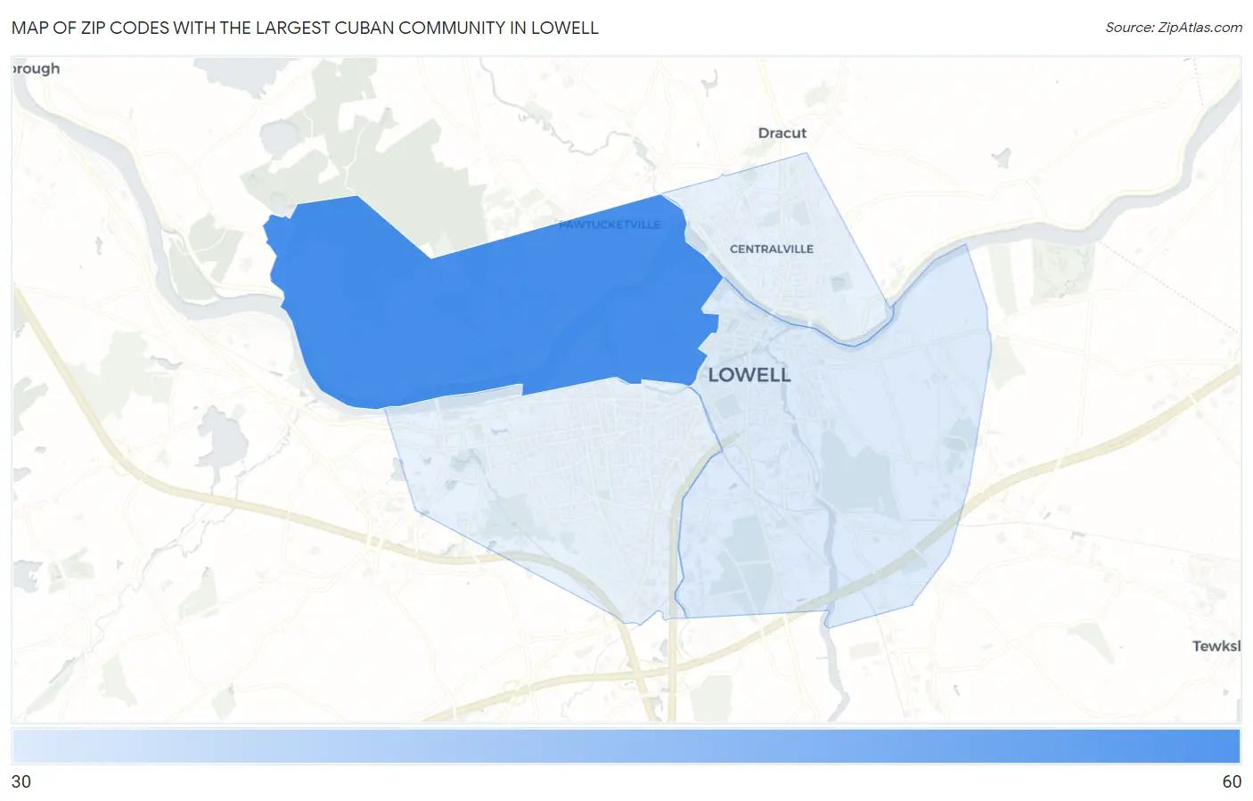 Zip Codes with the Largest Cuban Community in Lowell Map